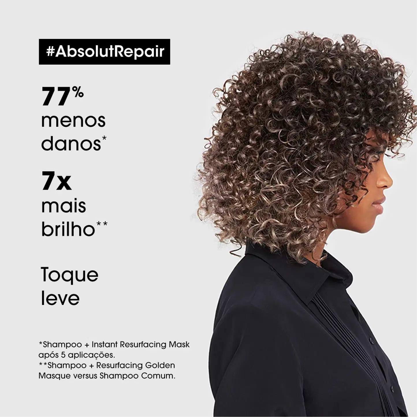 A imagem mostra o produto de beleza "#AbsolutRepair" da marca Toque leve. O texto informa que o produto promete 77% menos danos, 7x mais brilho e que o shampoo e máscara devem ser usados após 5 aplicações.