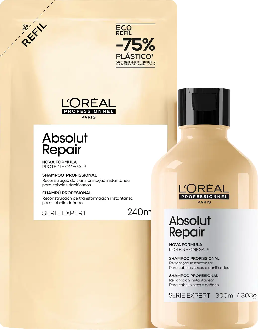 Embalagem de shampoo profissional da marca L'Oréal Professionnel, com frasco plástico preto e rótulo bege. Texto indica "Absolut Repair" e "Nova fórmula Protein + Omega-9". Também mostra informações sobre o tamanho do produto e a série expert.