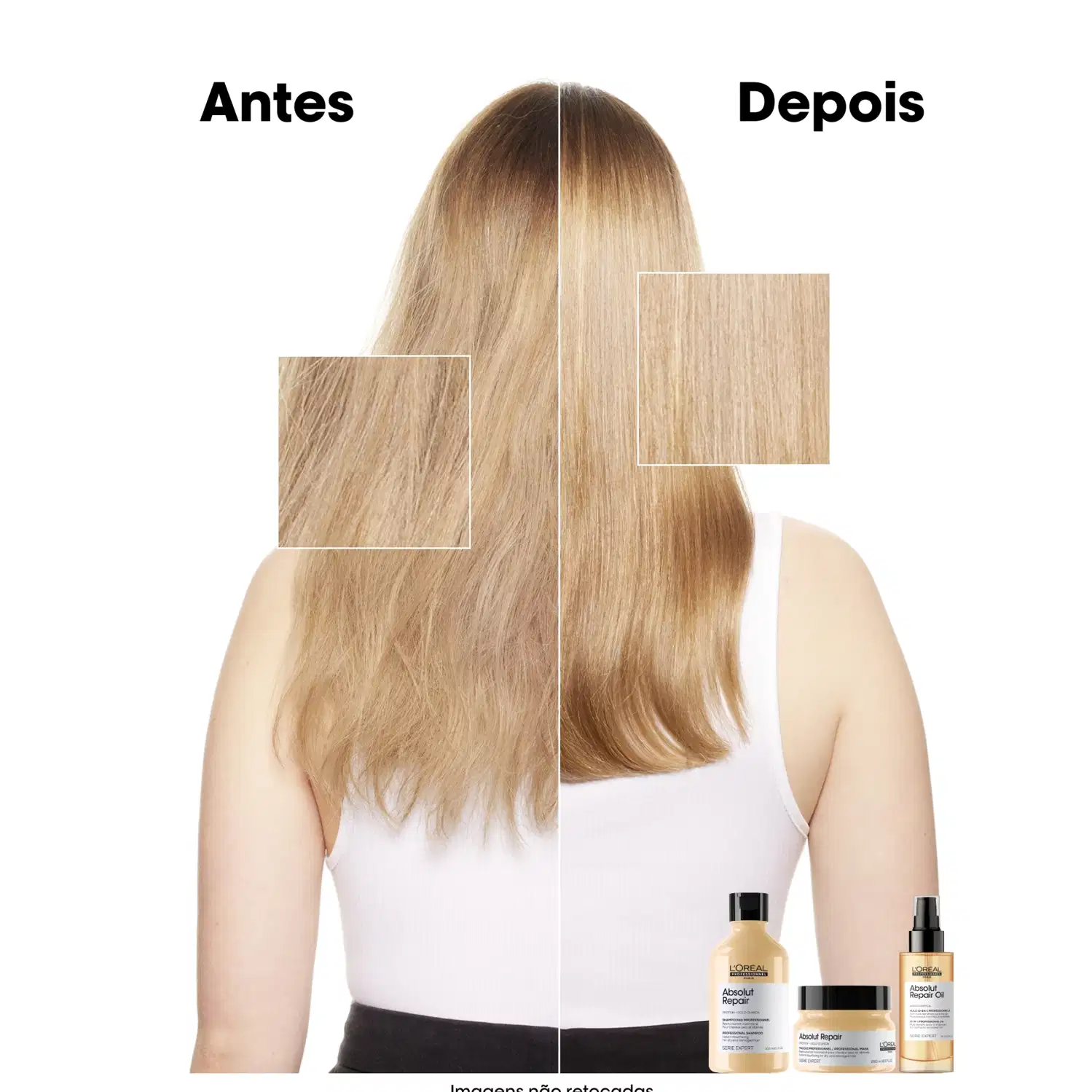 Imagem mostra antes e depois de cabelo loiro alisado. Ao lado, itens de perfumaria da marca L'Oréal, incluindo óleo e creme para tratamento capilar. Fundo branco destaca os produtos e a transformação do cabelo.
