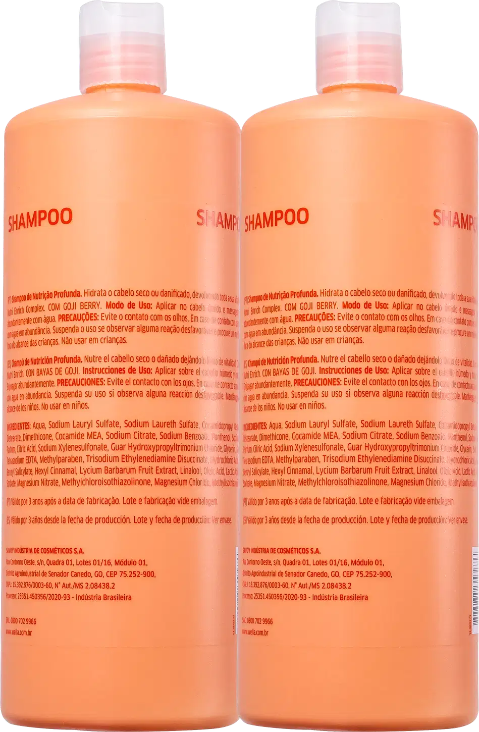 Dois frascos de shampoo Wella Professionals Nutri-Enrich de 1 litro cada. As embalagens têm a parte superior branca e o rótulo laranja com o logotipo e nome da marca Wella Professionals em vermelho.