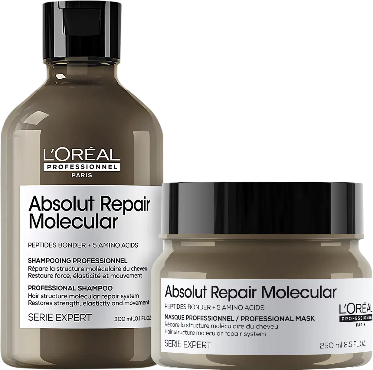 A imagem mostra dois produtos da linha L'Oréal Professionnel Série Expert Absolut Repair Molecular: um shampoo em um frasco marrom com tampa preta, contendo 300ml e uma máscara capilar em um pote plástico marrom com tampa preta, contendo 250ml.
