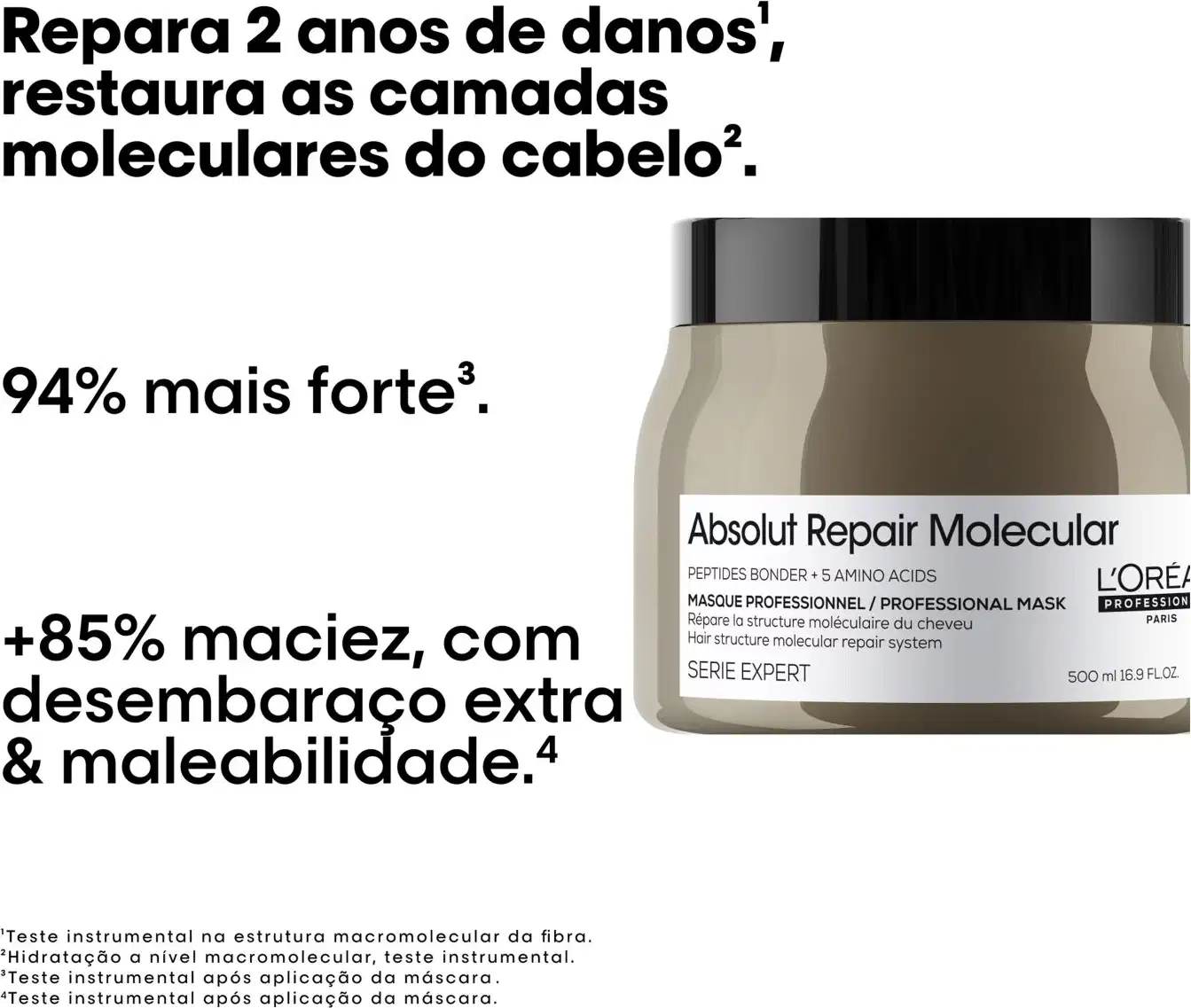 O anúncio apresenta uma embalagem do produto de tratamento capilar Absolut Repair Molecular da L'Oréal Professionnel, destacando seus benefícios de reparação e fortalecimento dos fios em um ambiente minimalista e monocromático.
