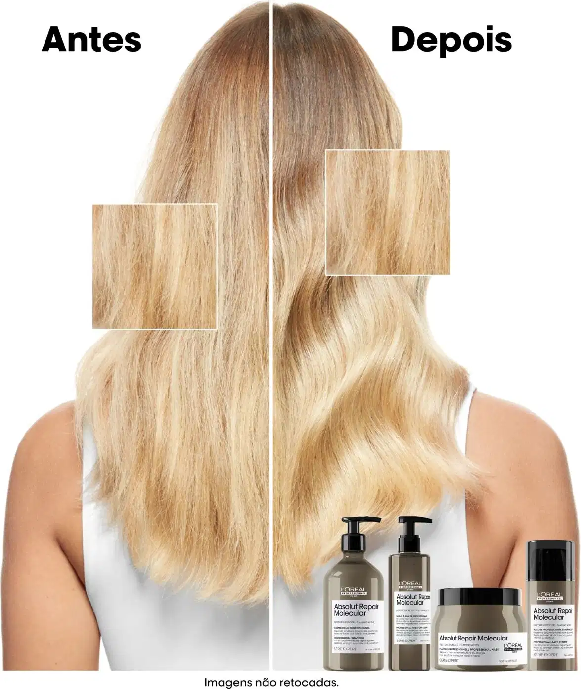 Imagem promocional da linha Absolut Repair Molecular da L'Oréal Professionnel, exibindo o antes e depois do tratamento capilar. Fundo branco com produtos da linha em destaque, evidenciando a transformação dos fios.