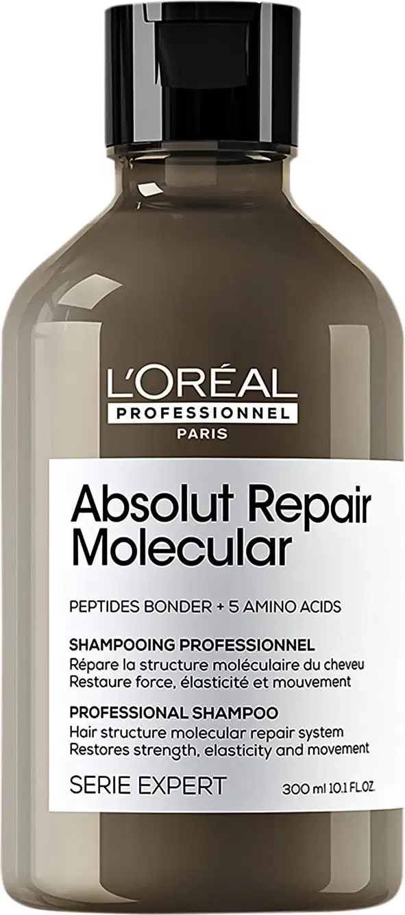Frasco de shampoo profissional L'Oréal Professionnel da linha Absolut Repair Molecular, com 300 ml de capacidade, em embalagem preta e branca, destacando os benefícios de reparação molecular do cabelo.