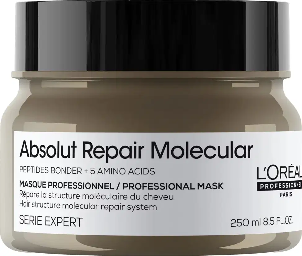 Frasco de máscara profissional da L'Oréal Professionnel, da linha Serie Expert, chamada "Absolut Repair Molecular". Embalagem de 250 ml com tampa preta e rótulo branco com informações sobre o produto.