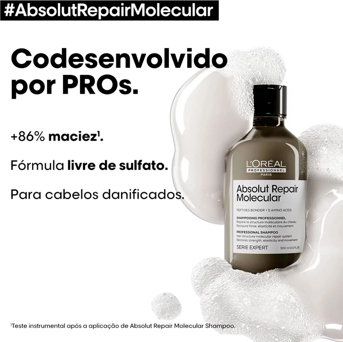 O anúncio apresenta o produto Absolut Repair Molecular da L'Oréal Professionnel, um shampoo profissional que promete reparar a estrutura molecular dos cabelos danificados, com fórmula livre de sulfato e 86% de melhora na maciez.