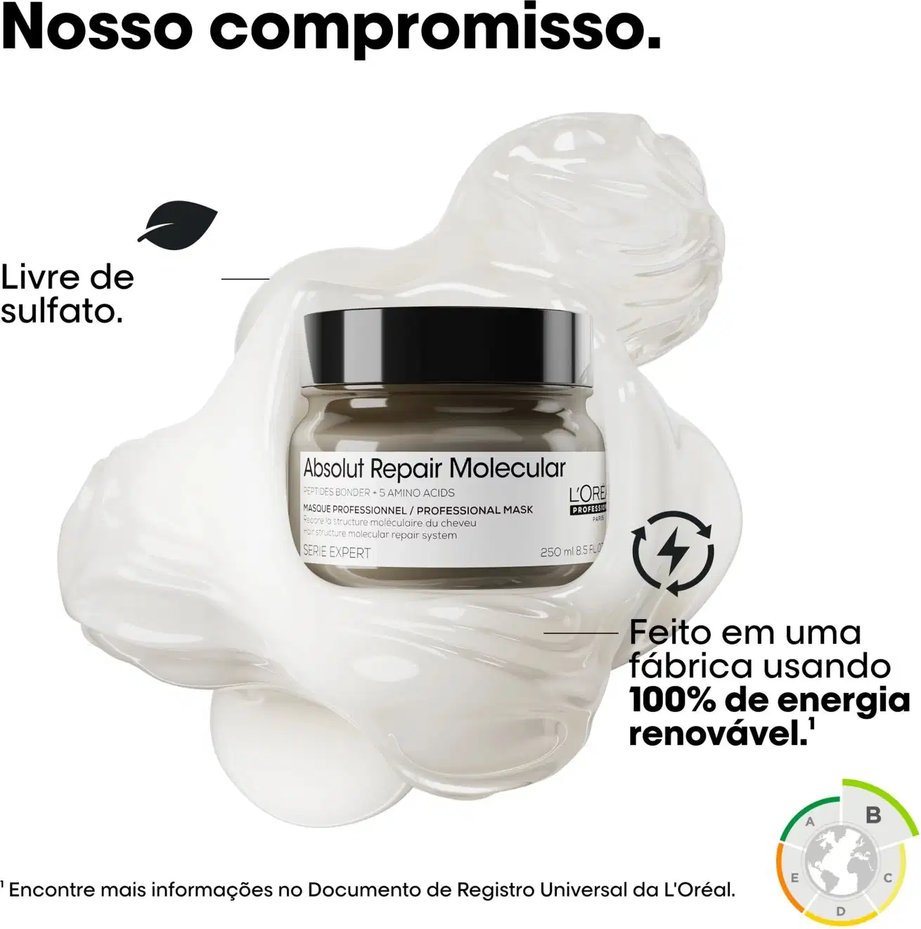 Produto de tratamento capilar da marca L'Oréal Professionnel, o Absolut Repair Molecular, em um ambiente minimalista e monocromático, com destaque para a embalagem do produto e informações sobre sua composição e processo de fabricação sustentável.