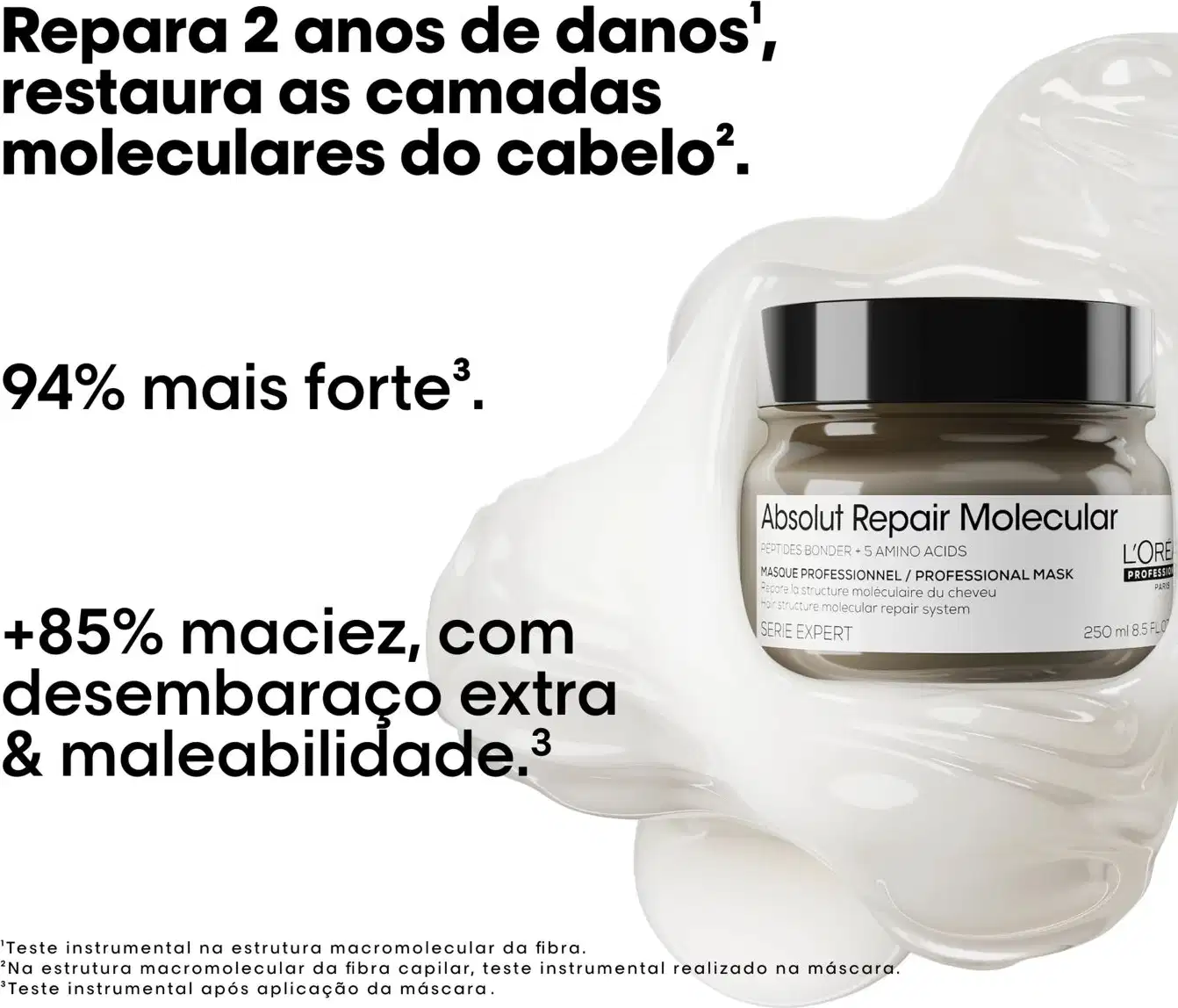O anúncio apresenta um produto de tratamento capilar da marca L'Oréal Professionnel, o Absolut Repair Molecular, destacando seus benefícios de reparação e fortalecimento dos fios em um ambiente minimalista e monocromático.