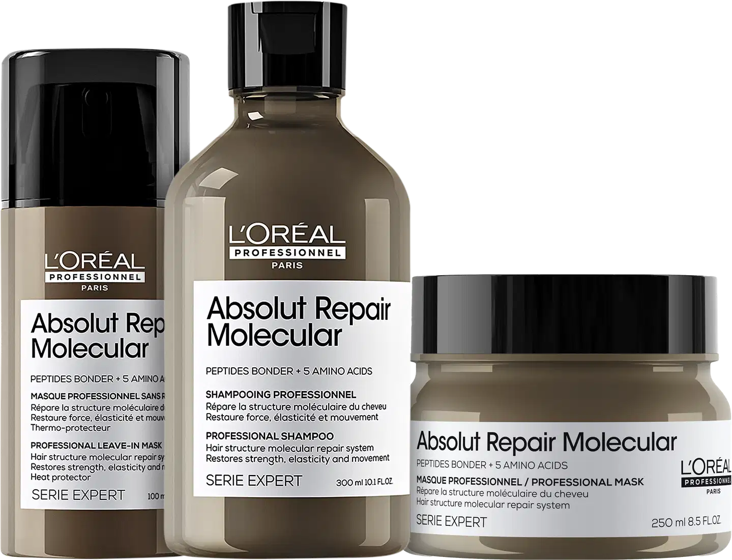 A imagem mostra três produtos da linha Absolut Repair Molecular da L'Oréal Professionnel. Um frasco marrom contendo shampoo de 300ml. Uma máscara em um pote plástico marrom de 250ml. E uma máscara de tratamento sem enxágue em um frasco marrom de 100ml.