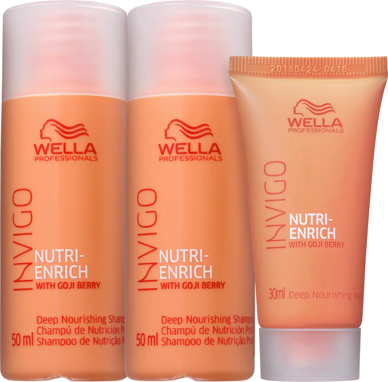 A imagem mostra o Kit Wella Nutri-Enrich com dois shampoos de 50ml, e uma máscara de 30ml. Os produtos apresentam o logotipo da Wella com perfil estilizado de uma mulher com cabelos esvoaçantes e as cores predominantes são laranja e branco.