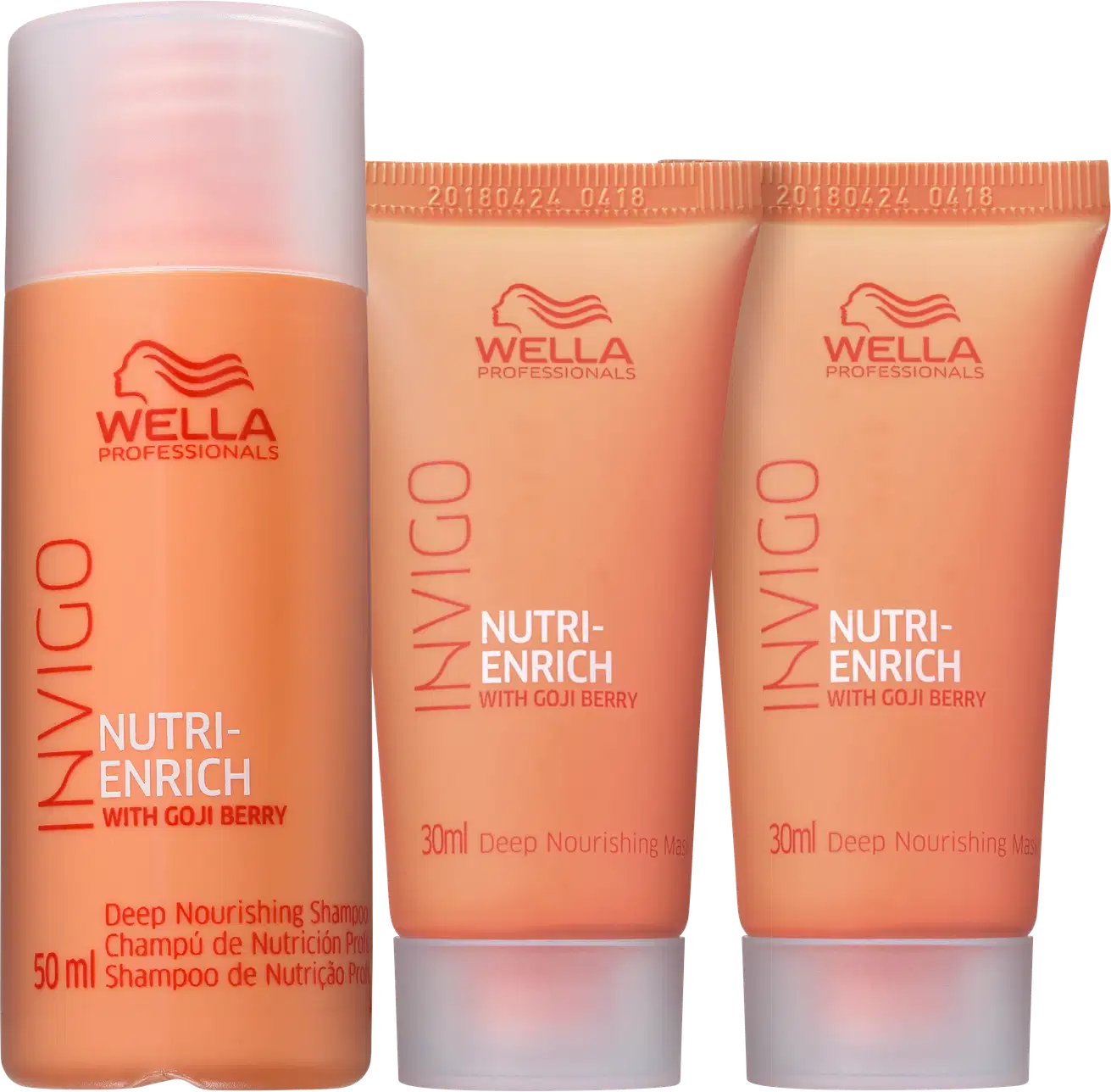 A imagem mostra o Kit Wella Nutri-Enrich com duas máscaras de 30ml e um shampoo de 50ml. As embalagens apresentam o logotipo da marca Wella com perfil estilizado de uma mulher com cabelos esvoaçantes e as cores predominantes são laranja e branco.