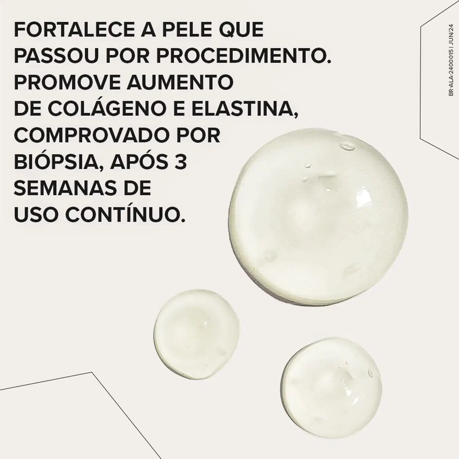 O texto em letras grandes destaca que o produto "fortalece a pele que passou por procedimento", promove aumento de colágeno e elastina comprovado por biópsia após 3 semanas de uso contínuo."