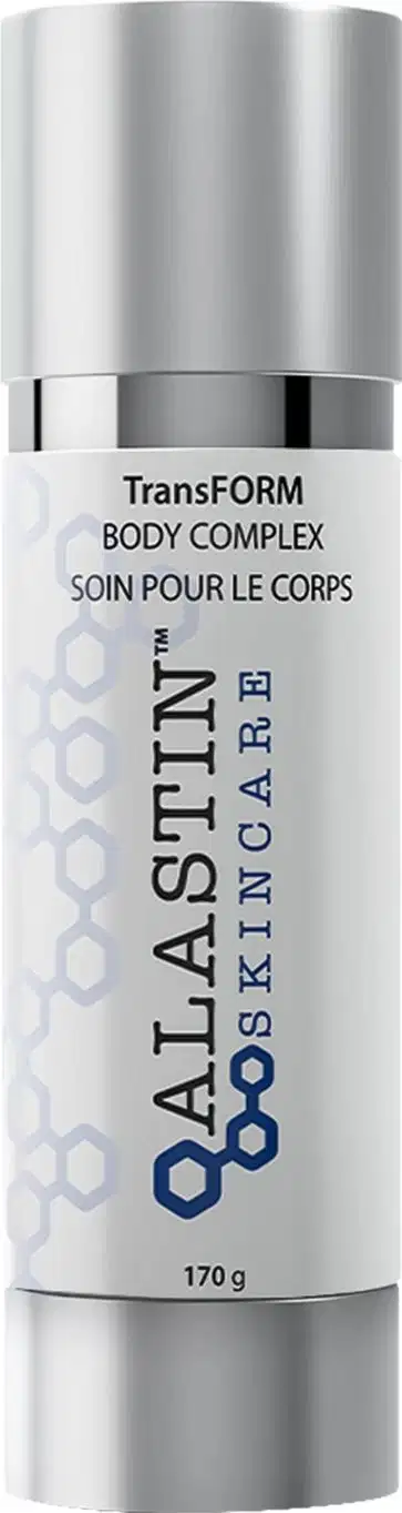 Creme firmador corporal Alastin. Embalagem cilíndrica de metal prateado. Rótulo branco com texto "TransFORM BODY COMPLEX" e "SOIN POUR LE CORPS" em letras pretas. Logotipo da Alastin em hexágonos cinza.