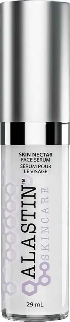 Creme sérum antissinais Alastin. Frasco cilíndrico de vidro transparente com tampa prateada metálica. Rótulo branco com o logotipo e nome do produto "Skin Nectar Face Serum" em letras pretas.