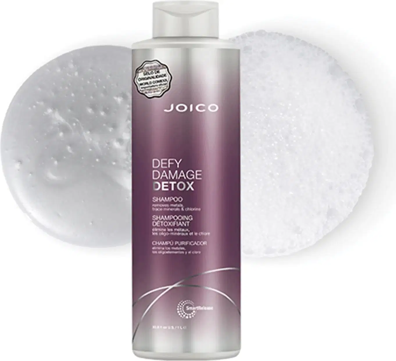 A imagem mostra o Shampoo Joico Defy Damage Detox e no fundo uma amostra com a textura e cor do produto, em tonalidade branca e espuma cremosa.