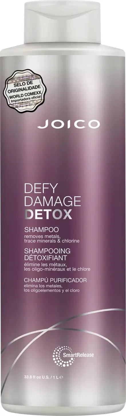 Shampoo Joico Defy Damage Detox de 1 litro com embalagem roxa e prata.