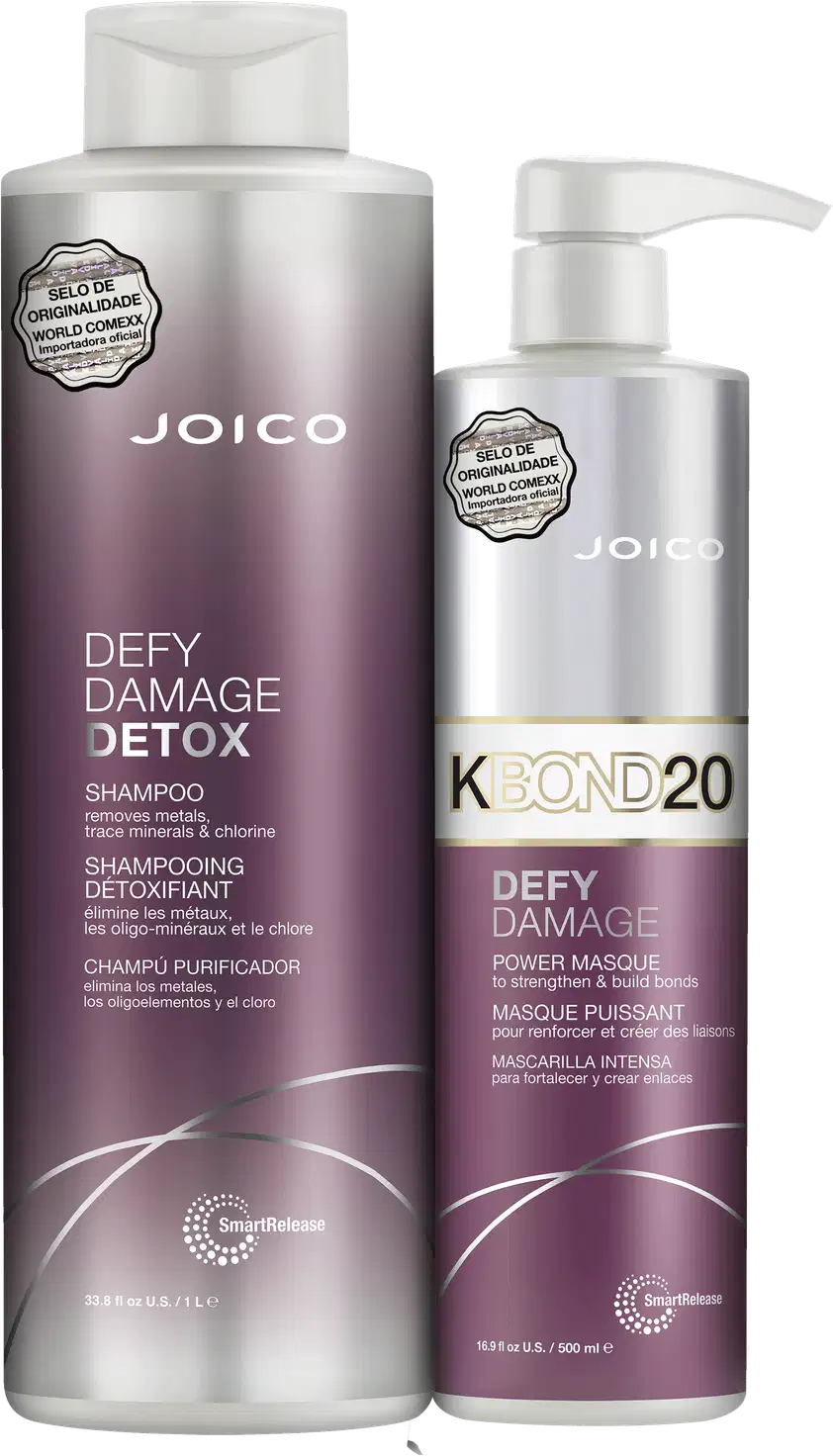 Kit com shampoo Joico Defy Damage Detox de 1 litro e máscara Joico Defy Damage KBOND20 Power Mask de 500ml.