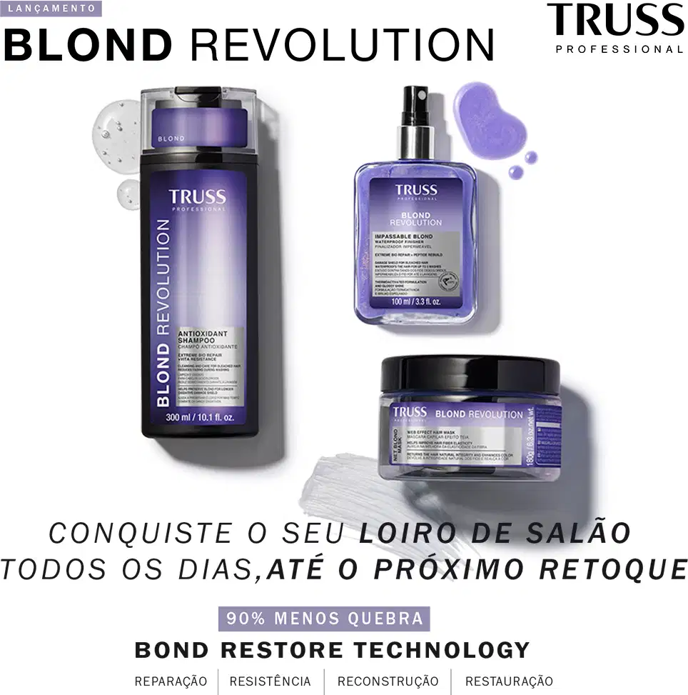 Imagem mostra os três produtos da linha Blond Revolution e texto destaca: conquiste o seu loiro de salão todos os dias, até o próximo retoque.