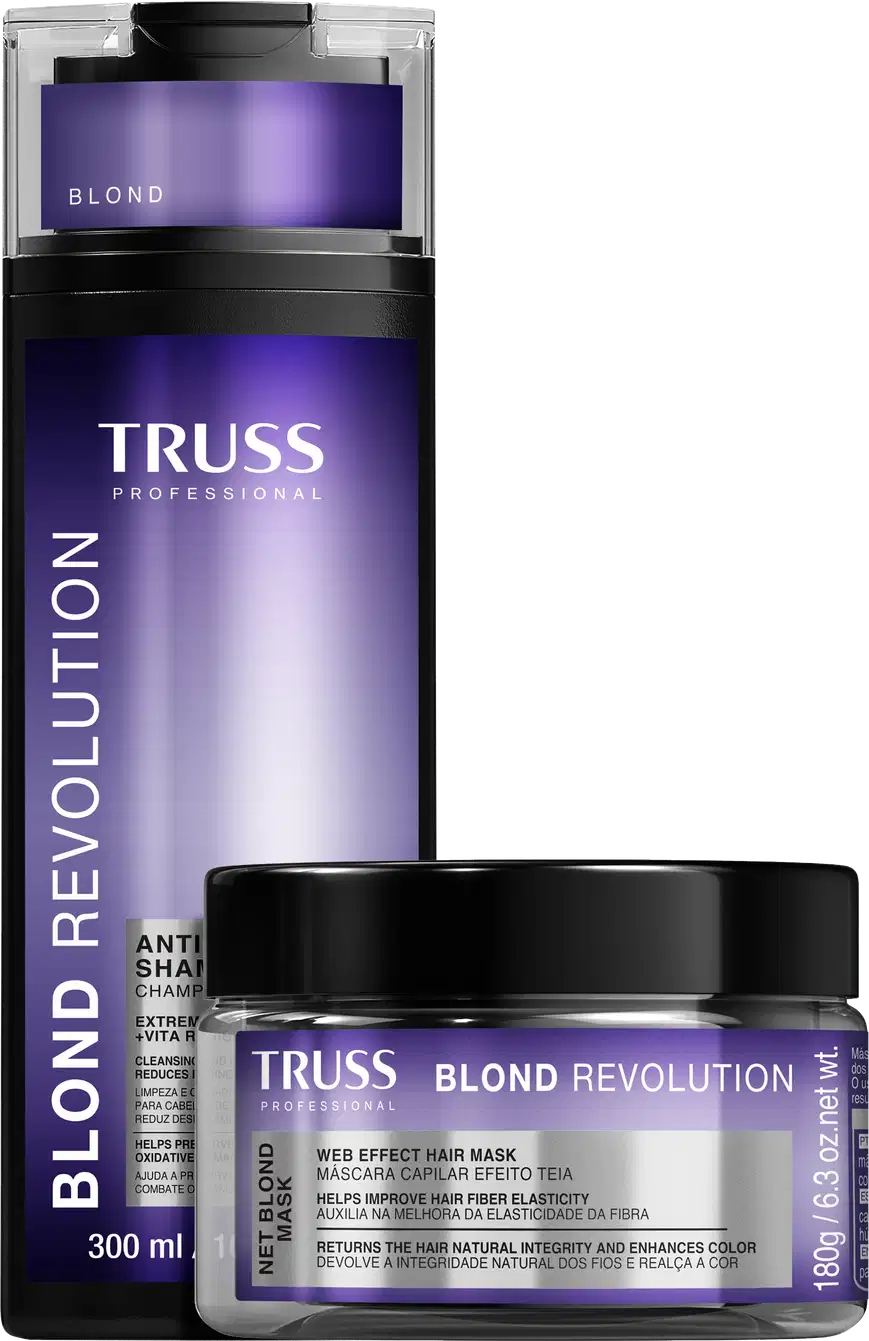 Kit com shampoo e máscara Blond Revolution da marca TRUSS.