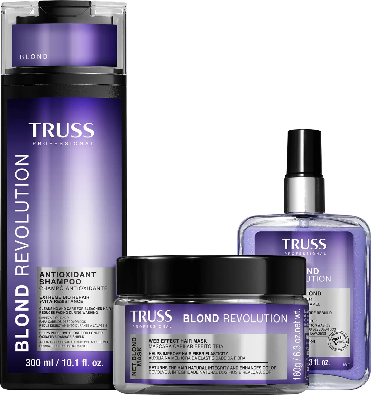 Kit com shampoo, máscara e finalizador Blond Revolution da marca TRUSS.