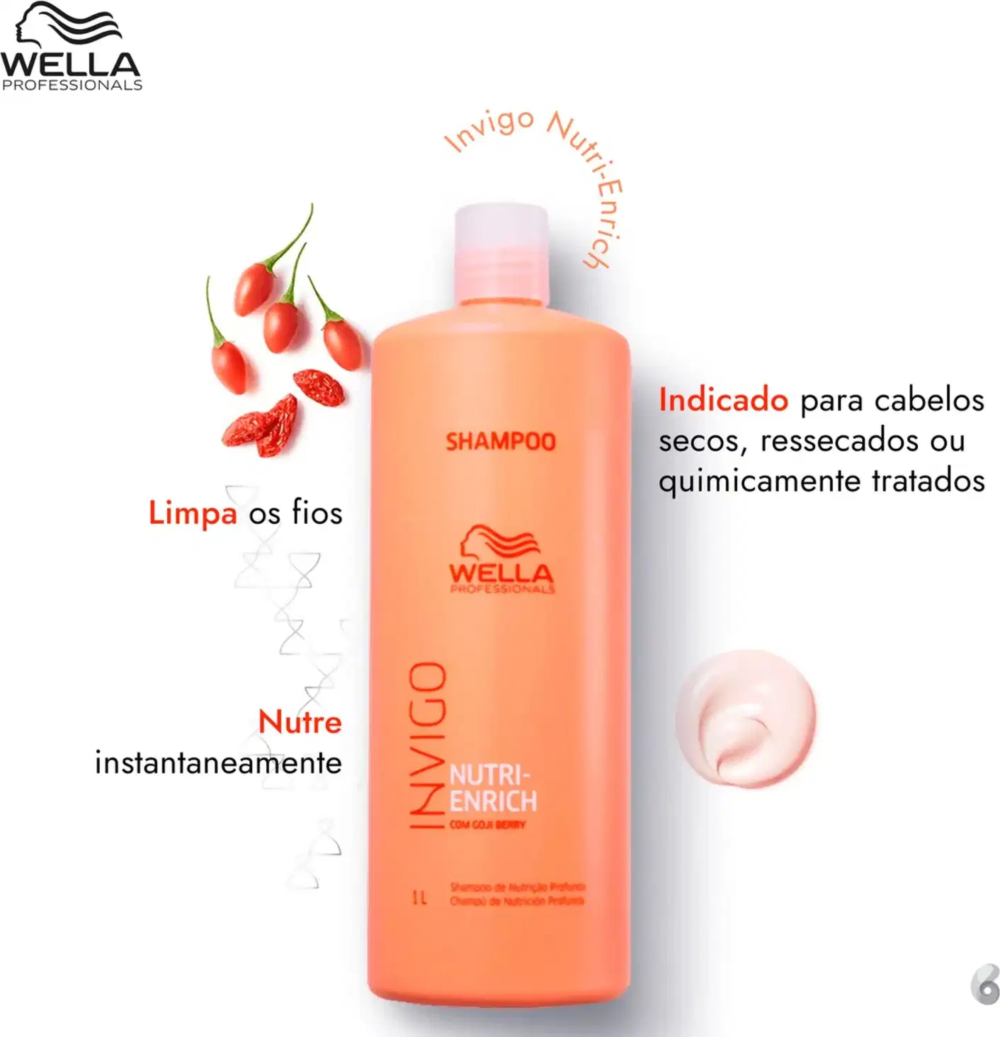 O produto apresentado é um shampoo da marca Wella Professionals, da linha Invigo Nutri-Enrich. A embalagem é um frasco plástico de cor laranja, com o nome "SHAMPOO" destacado no centro.