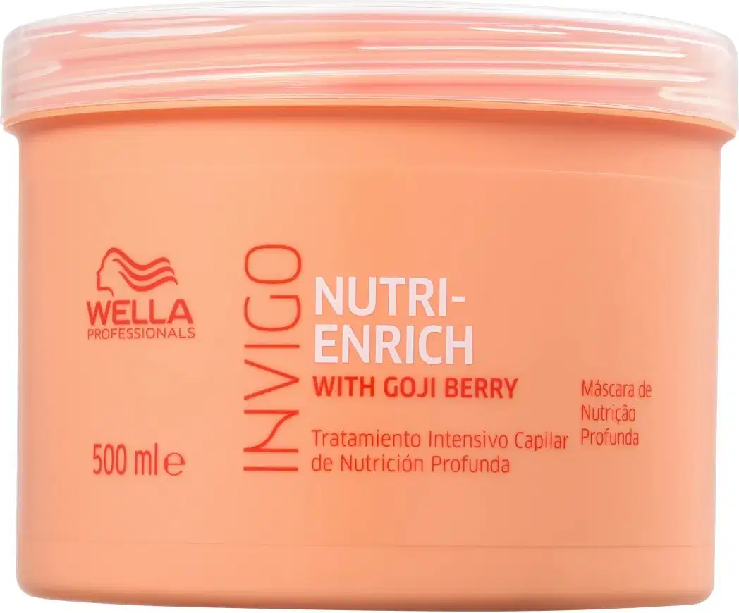 O produto apresentado é um creme de tratamento para cabelos da marca Wella Professionals, da linha Nutri-Enrich. A embalagem é um pote plástico de cor laranja, com tampa branca, contendo 500 ml do produto.