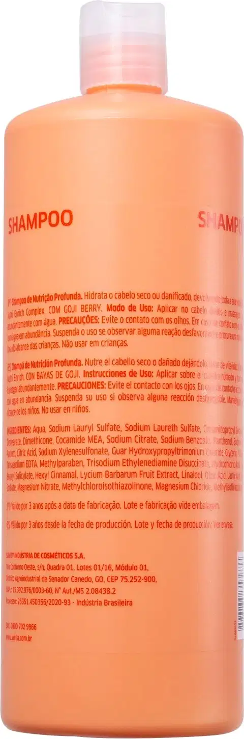 O produto apresentado é um frasco de shampoo da marca Wella Professionals, com a linha "Invigo Nutri-Enrich" destacada no rótulo. O frasco possui uma coloração laranja predominante, com o nome "SHAMPOO" em destaque na parte superior.