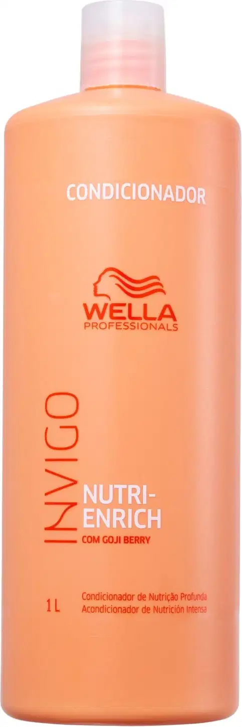 O produto apresentado é um condicionador da marca Wella Professionals, da linha Invigo Nutri-Enrich com goji berry. A embalagem é um frasco plástico de cor laranja. O frasco possui um volume de 1 litro.