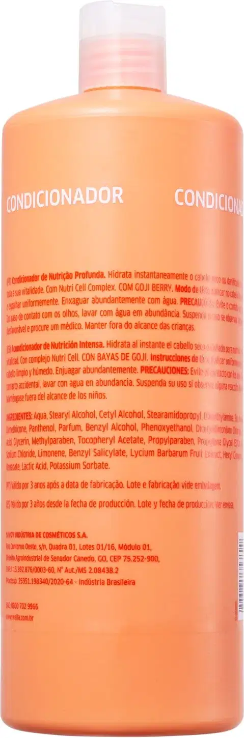 O produto apresentado é um condicionador da marca Wella Professionals, da linha Invigo Nutri-Enrich com goji berry. A embalagem é um frasco plástico de cor laranja. O frasco possui um volume de 1 litro.