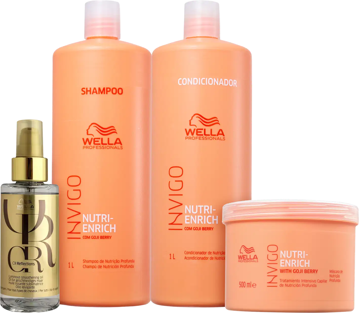 A imagem mostra produtos da marca Wella Professionals. Há dois frascos grandes de 1 litro, um rotulado como "Shampoo" e outro como "Condicionador". Também há um frasco menor de óleo para cabelos, rotulado como "Reflections", e um pote de máscara capilar.