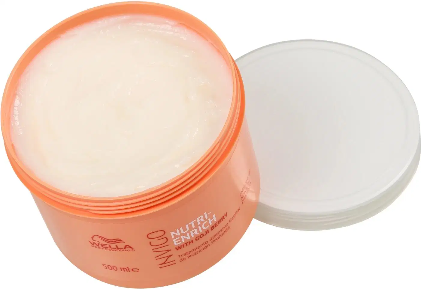 O produto apresentado é um creme de tratamento para cabelos da marca Wella Professionals, da linha Nutri-Enrich. A embalagem é um pote plástico de cor laranja, com tampa branca, contendo 500 ml do produto.