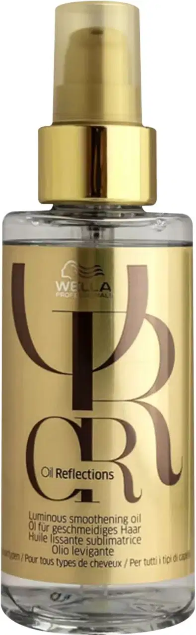 O produto apresentado é um óleo suavizante luminoso da linha Oil Reflections da Wella Professionals. O frasco é de vidro transparente com um bico pulverizador e uma tampa dourada.