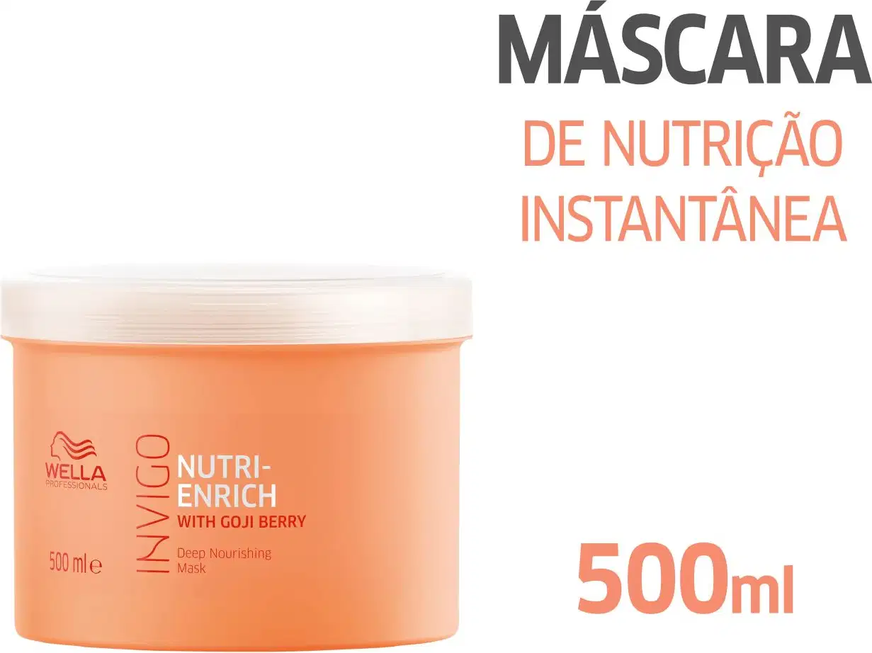 O produto apresentado é um creme de tratamento para cabelos da marca Wella Professionals, da linha Nutri-Enrich. A embalagem é um pote plástico de cor laranja, com tampa branca, contendo 500 ml do produto.
