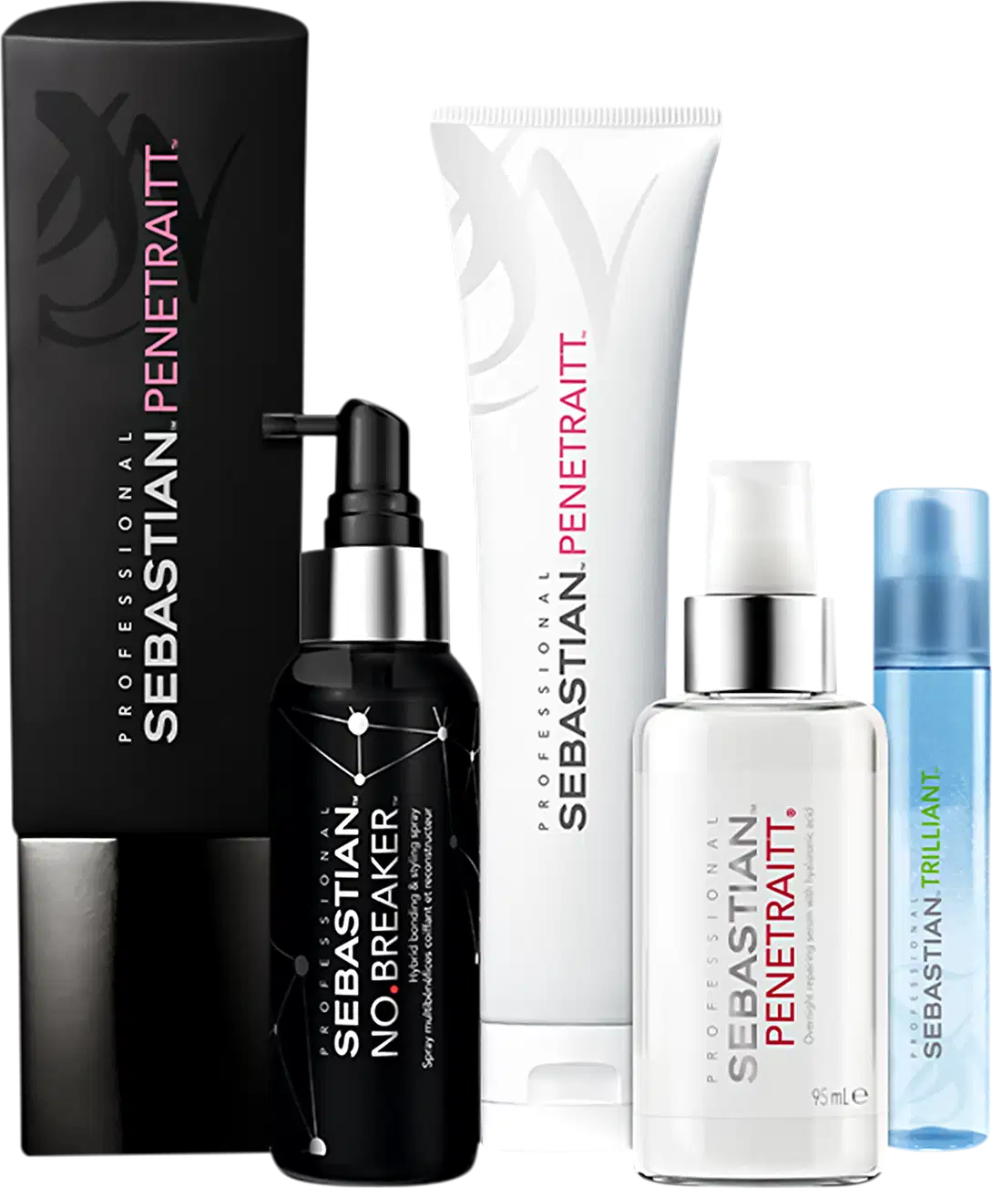 Kit com shampoo, máscara e sérum Penetraitt, além de leave-in No.Breaker e protetor térmico Trilliant, todos da marca Sebastian Professional