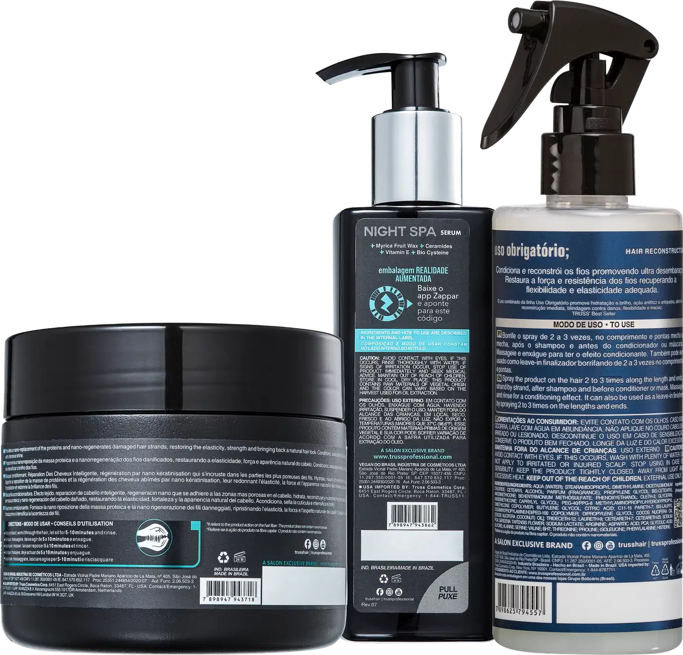 A imagem mostra produtos de cuidados capilares da marca TRUSS. Um Uso Obrigatório, uma máscara NET Mask e um Sérum Noturno Night SPA.