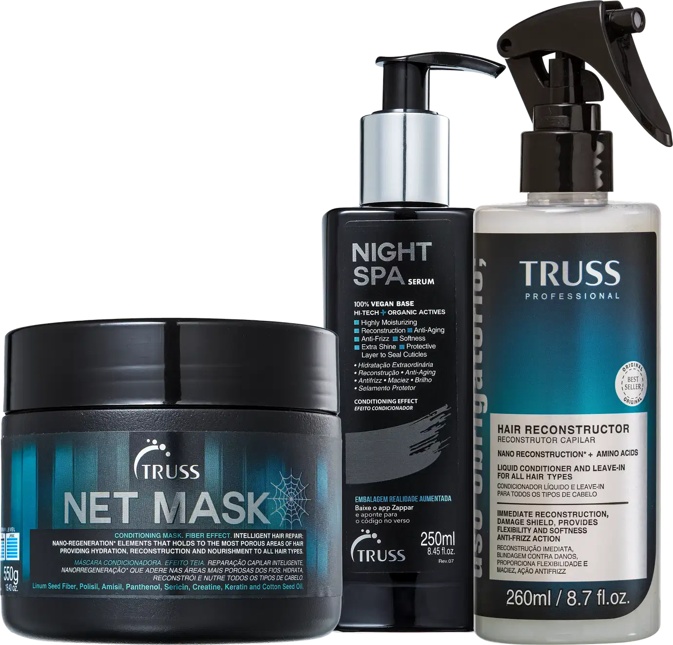 A imagem mostra produtos de cuidados capilares da marca TRUSS. Um Uso Obrigatório, uma máscara NET Mask e um Sérum Noturno Night SPA.