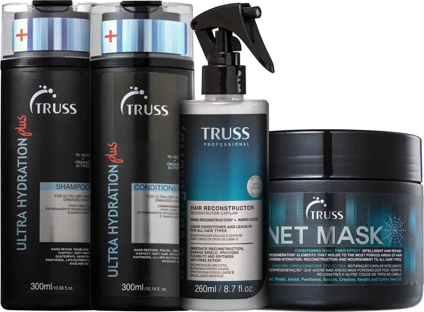 A imagem mostra uma linha de produtos para cabelos da marca Truss. Shampoo e condicionador Hydration Plus. Uso Obrigatório e NET Mask.