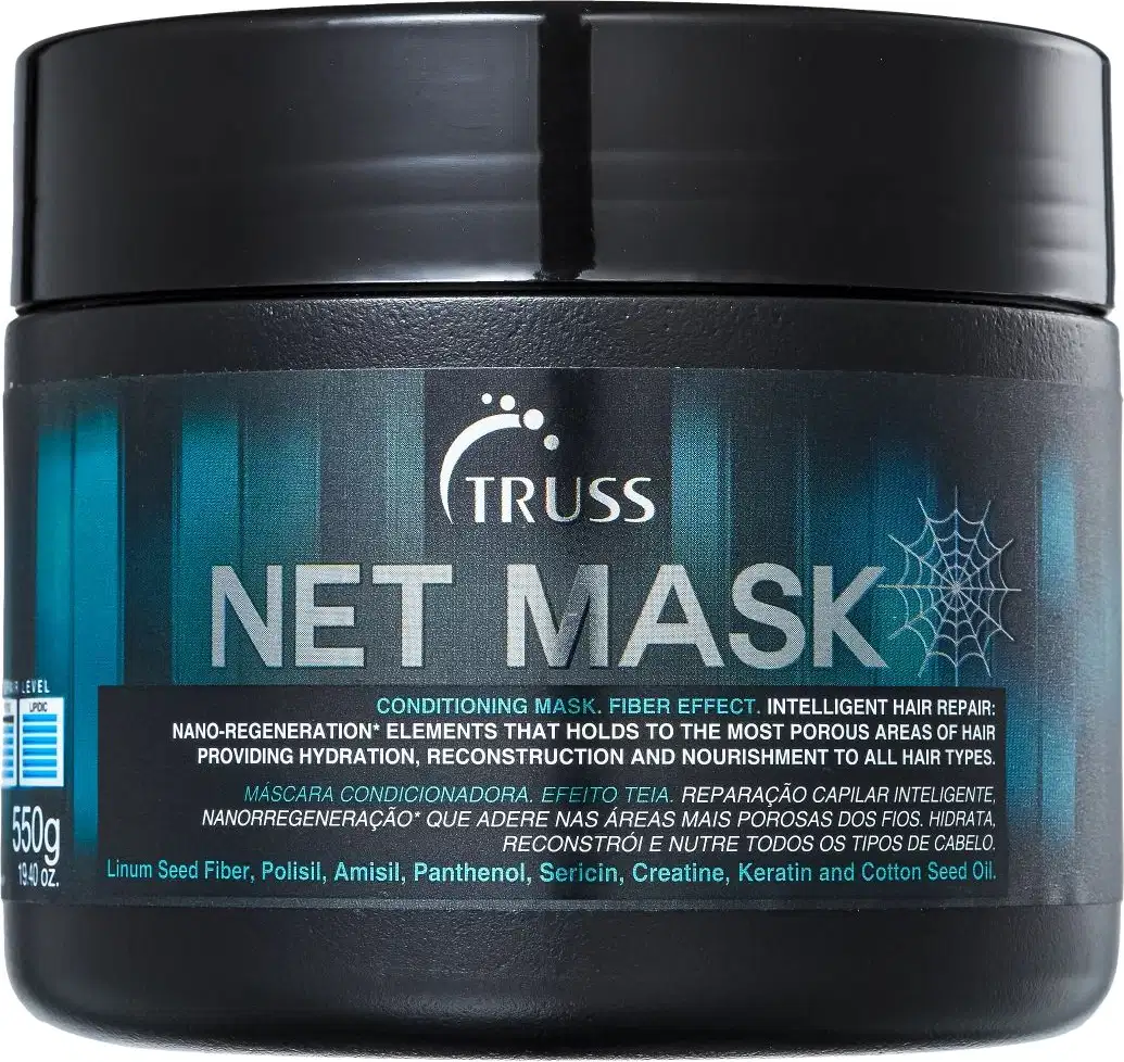 Máscara capilar Net Mask da marca TRUSS. Embalagem preta opaca em formato de pote com tampa preta brilhante. Rótulo azul e branco com informações sobre o produto, como "Conditioning Mask, Fiber Effect, Intelligent Hair Repair".
