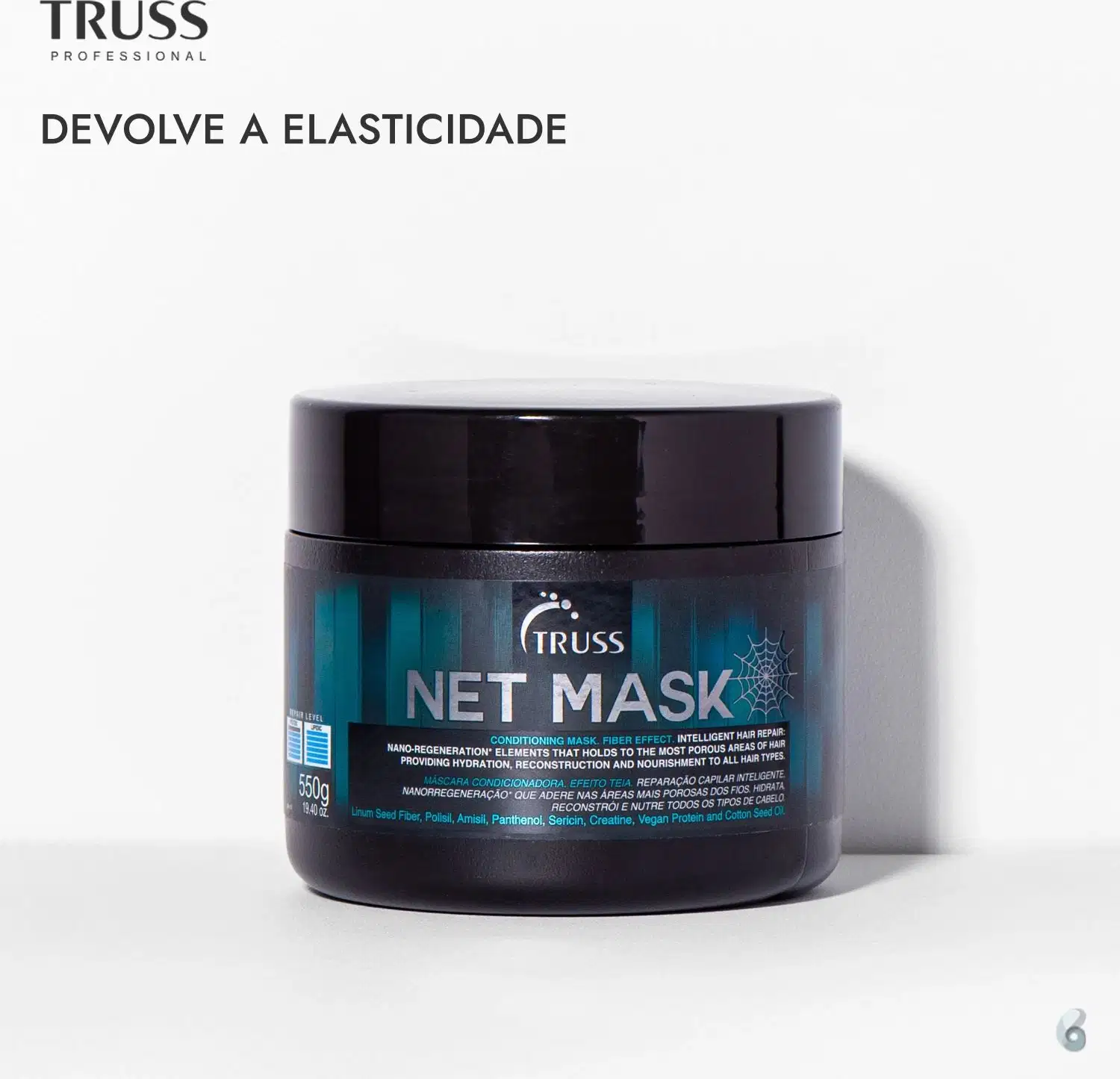 Máscara capilar Net Mask da marca TRUSS. Embalagem preta opaca em formato de pote com tampa preta brilhante. Rótulo azul e branco com informações sobre o produto, como "Conditioning Mask, Fiber Effect, Intelligent Hair Repair".