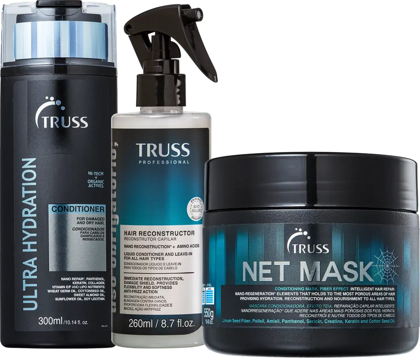 A imagem mostra três produtos de cuidados capilares da marca TRUSS. Um condicionador Ultra Hydration, um Uso Obrigatório e uma máscara capilar NET Mask.
