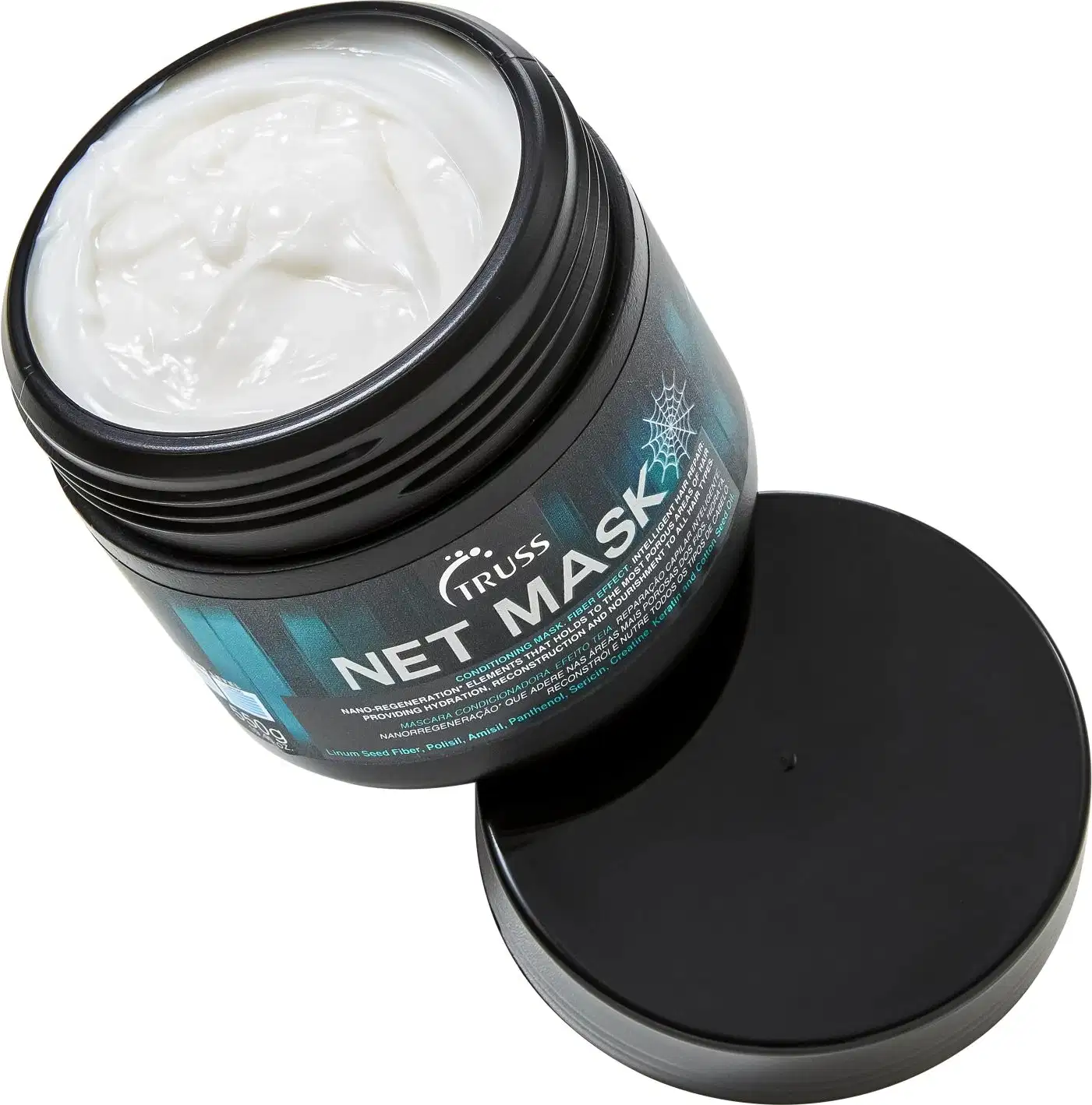 Máscara capilar Net Mask da marca TRUSS. Embalagem preta opaca em formato de pote com tampa preta brilhante. Rótulo azul e branco com informações sobre o produto, como "Conditioning Mask, Fiber Effect, Intelligent Hair Repair".