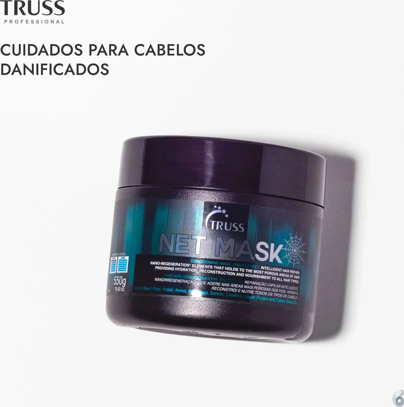 Máscara capilar Net Mask da marca TRUSS. Embalagem preta opaca em formato de pote com tampa preta brilhante. Rótulo azul e branco com informações sobre o produto, como "Conditioning Mask, Fiber Effect, Intelligent Hair Repair".