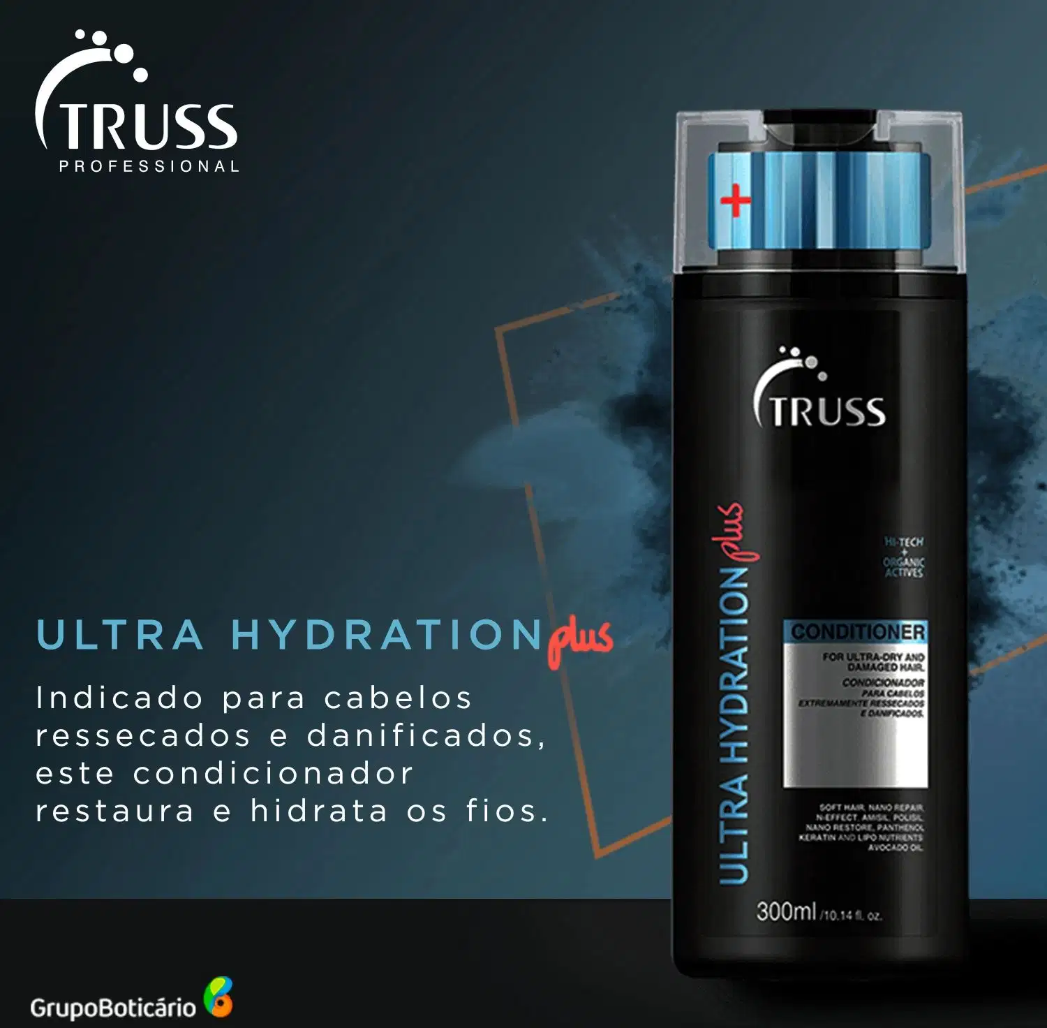 Condicionador TRUSS Ultra Hydration para cabelos danificados e secos. Embalagem plástica preta com detalhes transparentes. Rótulo preto com texto branco listando os ingredientes orgânicos e ativos de alta tecnologia.