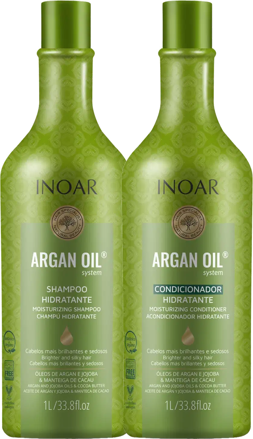 São dois frascos de plástico verde brilhante de 1 litro cada, com tampas verdes. Os frascos têm um design texturizado com um padrão geométrico em relevo. O rótulo indica que são produtos da linha Argan Oil System da marca Inoar.