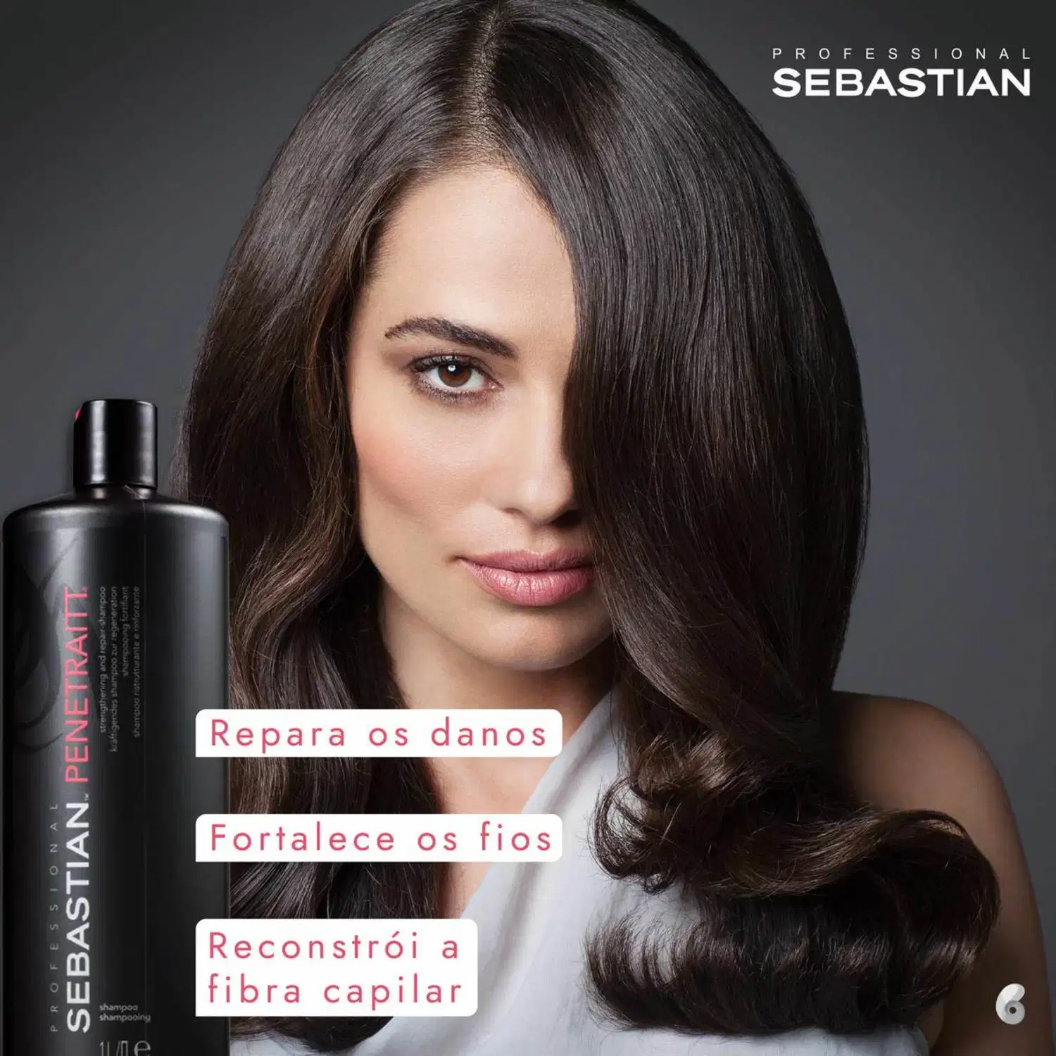 Shampoo Sebastian Professional em frasco preto com rótulo vermelho. O frasco apresenta o nome do produto "Penetraitt" e três benefícios descritos em português: "Repara os danos", "Fortalece os fios" e "Reconstrói a fibra capilar".