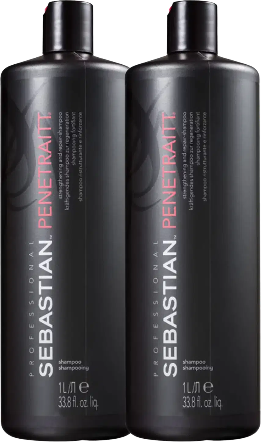 São dois frascos de shampoo da marca Sebastian Professional. Os frascos são pretos, altos e cilíndricos, com capacidade de 1 litro ou 33,8 fl oz cada.