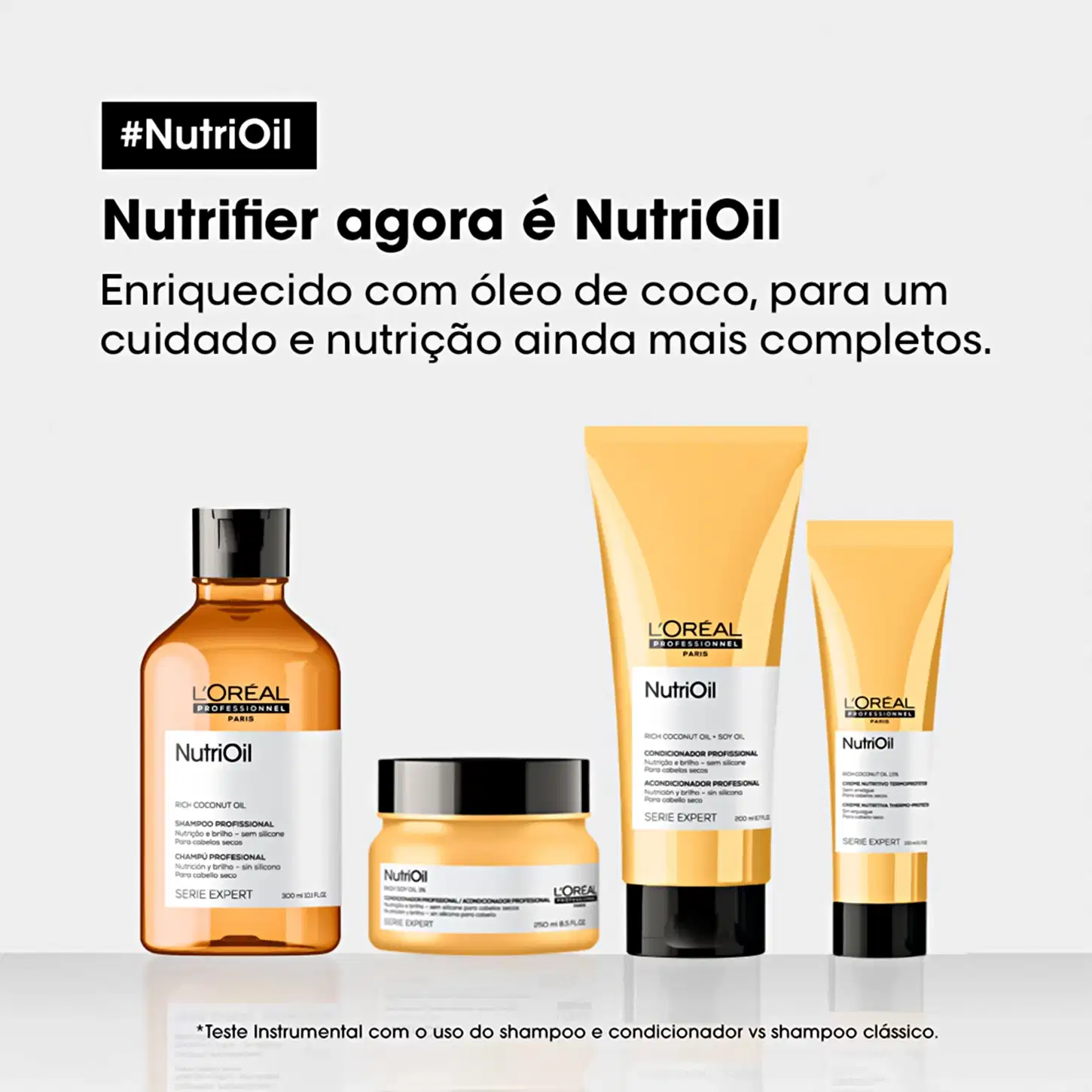 A imagem apresenta uma linha de produtos de cuidados capilares da L'Oréal Professionnel chamada NutriOil. Todos têm embalagens com detalhes em preto e o logotipo da marca.