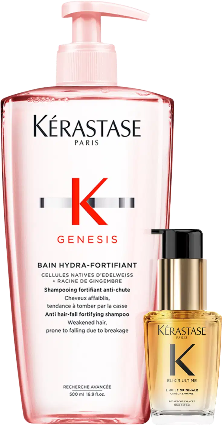Kit Kérastase Genesis Elixir Ultime L'Huile Originale Mini, com 2 produtos, um shampoo e um óleo miniatura capilar.