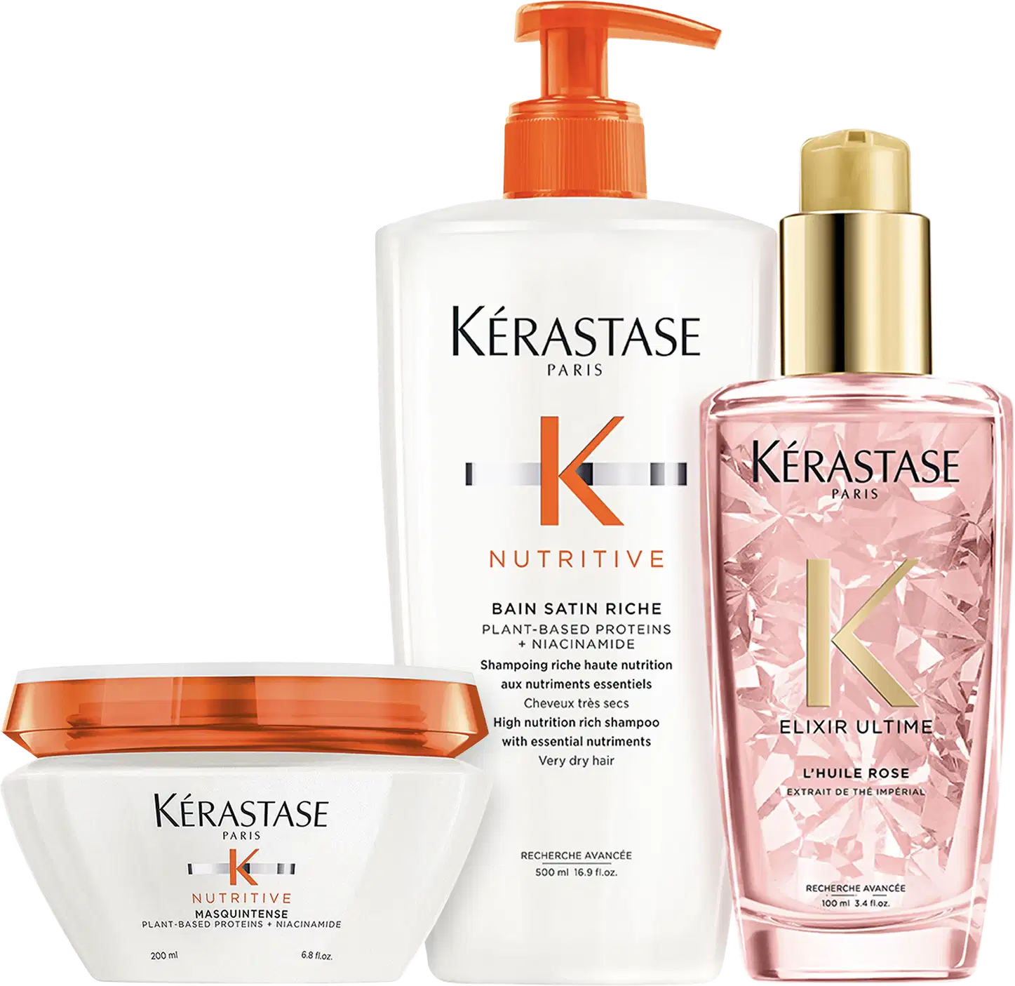 Kit com shampoo e máscara capilar Nutritive, óleo capilar Elixir Ultime Rose, da marca Kerastase.