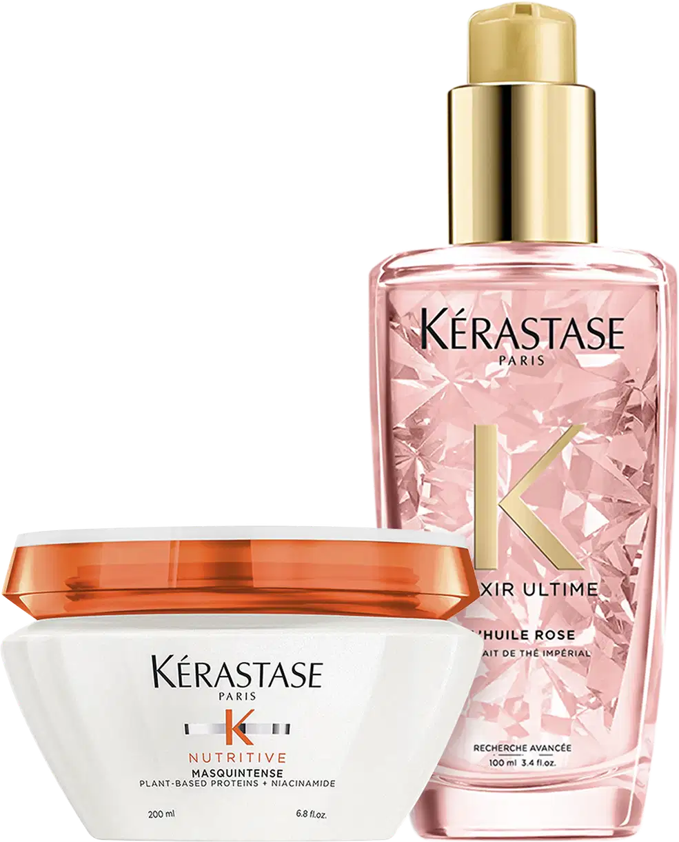 Kit com máscara capilar Nutritive, óleo capilar Elixir Ultime Rose, da marca Kerastase.
